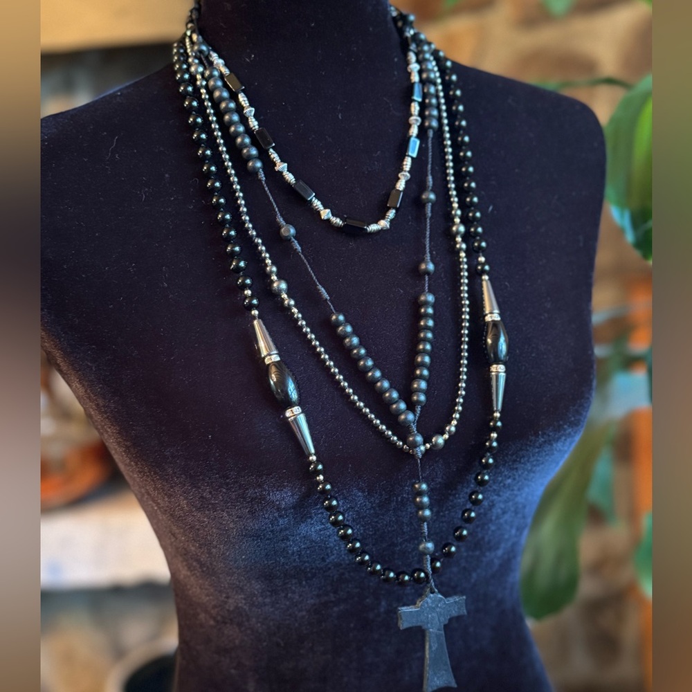 Layered Black Beaded Necklace with Cross Pendant Set